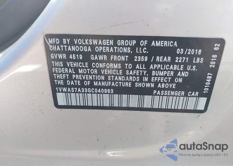 2016 Volkswagen Passat 1.8T S из США, поврежденный, VIN 1VWAS7A33GC040983